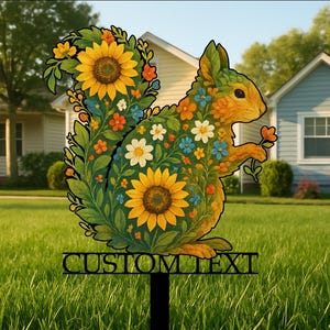 Custom Floral Squirrel Garden Sign – Personalized Metal Yard Stake – Cute Animal Garden Marker – Fall Yard Decor – Name or House Sign