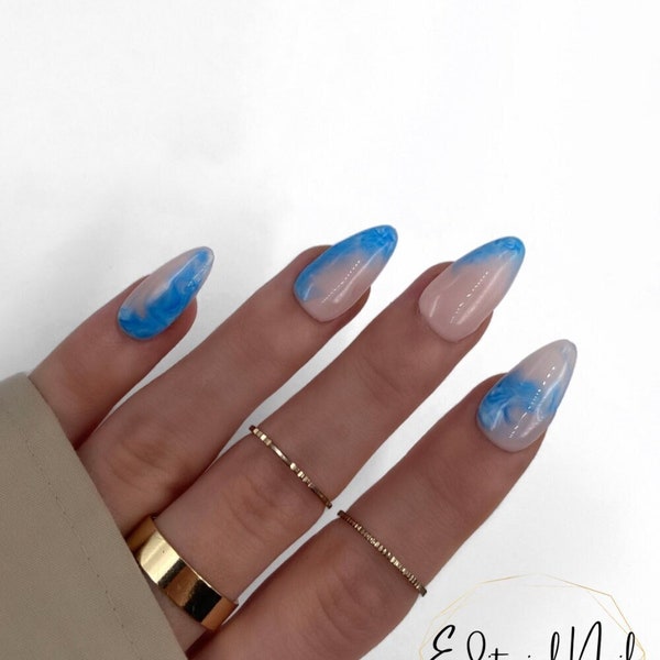 Blue Marble Press On Nails | blue glossy false nails | blue marble fake nails