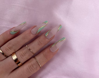 Mint Green & Gold Press On Nails