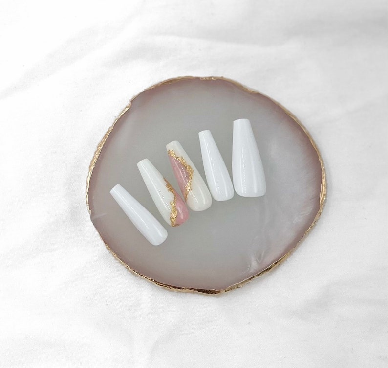 White and Pink Marble Press on nails white glossy false nails pink marble fake nails image 3