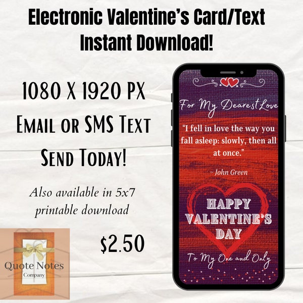 Electronic Valentine’s Day Card, Digital Valentine’s Card, SMS Text Phone Greeting Card, E-Card, Instant Download, Printable Cards