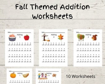 Homeschool Printables | Fall Theme Addition Worksheet Bundle | 10 Worksheets | 1st Grade | 2nd Grade |3rd Grade | Digital Download