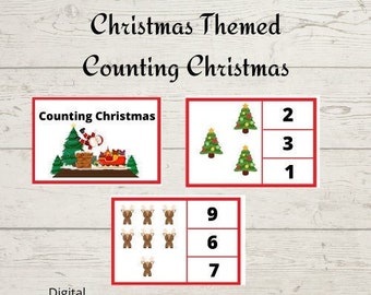 May include: A set of printable Christmas-themed counting cards. The cards feature images of Christmas trees, reindeer, and Santa Claus. The cards are designed to help children learn to count from 1 to 15. The text on the cards reads "Counting Christmas" and "Counting to 15".