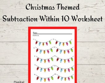 Christmas Themed Math Worksheet | Subtraction within 10 | Digital Download | Homeschool Printable | Preschool | Kindergarten | 1st