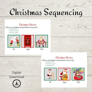 Puede incluir: Dos hojas de actividades de secuenciación navideña imprimibles con ilustraciones de Papá Noel, un buzón y una bolsa de regalos. El texto en las hojas dice "Historias de Navidad" y "Elige un conjunto de fotos y ponlas en orden de historia."