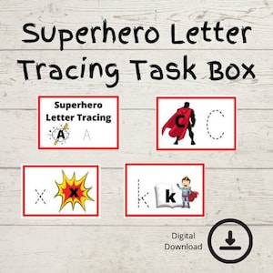 Imprimibles de educación en el hogar / Seguimiento de letras de superhéroes / Aprender a escribir / Actividad de cuadro de tareas / Niño pequeño / Preescolar / Jardín de infantes / Educación especial