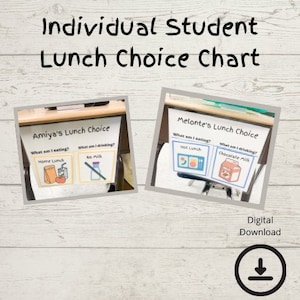 Puede incluir: Dos tablas de elección de almuerzo imprimibles para estudiantes. Las tablas tienen el texto "Amiya's Lunch Choice" y "Melonte's Lunch Choice" en la parte superior. Cada tabla tiene dos secciones: "What am I eating?" y "What am I drinking?" La primera tabla tiene las opciones "Home Lunch" y "No Milk". La segunda tabla tiene las opciones "Hot Lunch" y "Chocolate Milk".