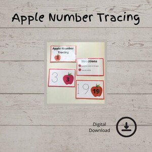May include: Apple Number Tracing printable activity for children. The image shows a set of cards with apples and numbers. The cards have directions for tracing the numbers on the apples.
