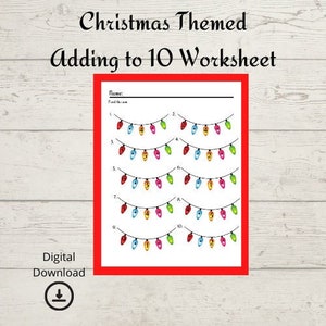 Christmas Themed Math Worksheet | Addition to 10 | Digital Download | Homeschool Printable | Preschool | Kindergarten | 1st