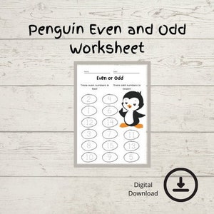 May include: A printable worksheet featuring a penguin illustration. The worksheet is titled "Even or Odd" and instructs children to trace even numbers in red and odd numbers in green. The worksheet includes numbers 1 through 15.