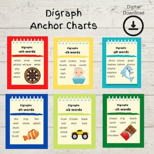 May include: Six colorful anchor charts with the title "Digraph Anchor Charts". Each chart features a different digraph, such as "wh", "th", "ph", "sh", "ck", and "ch", and lists words that contain that digraph. The charts are decorated with illustrations related to the words.