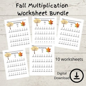 Puede incluir: Un conjunto de 10 hojas de trabajo de multiplicación imprimibles con un tema de otoño. Cada hoja de trabajo tiene una tabla de multiplicación diferente del 0 al 9. Las hojas de trabajo presentan un árbol de dibujos animados y hojas.