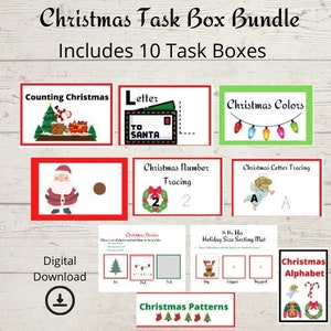 May include: A digital download of 10 Christmas-themed task boxes for kids. The task boxes include activities like counting, letter tracing, color matching, and pattern recognition. The images feature Santa, reindeer, Christmas trees, and other festive elements.
