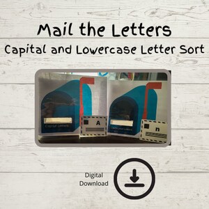 Peut inclure: Une activité imprimable pour les enfants pour apprendre les lettres majuscules et minuscules. L'activité présente deux boîtes aux lettres bleues avec des drapeaux rouges, l'une étiquetée "Lettres majuscules" et l'autre "Lettres minuscules".
