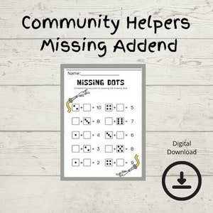 Community Helpers Themed Missing Addend Worksheet 2 | Digital Download | Kindergarten | First Grade | Special Education
