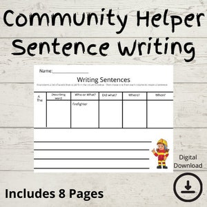 Community Helper Themed Writing Sentences | Digital Download | 8 worksheets | Kindergarten | First Grade | Special Education