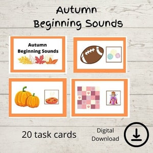 May include: 20 task cards for learning beginning sounds with an autumn theme. The cards feature images of pumpkins, a football, a quilt, and a princess. The text "Autumn Beginning Sounds" is on the top of the cards.
