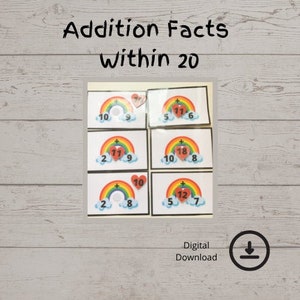 May include: A set of printable rainbow-themed addition fact cards for learning math facts within 20. Each card features a rainbow with two numbers on either side of the rainbow and a heart with the sum of the two numbers in the center.