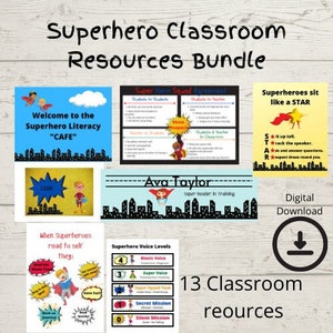 Classroom Resources | Superhero Classroom Theme | Posters | Bulletin Boards | Desk Nameplates | Locker Tags | Digital Download