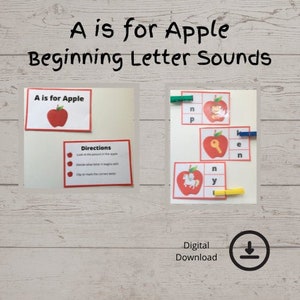 May include: A printable educational activity for children to learn beginning letter sounds. The activity features an apple with the letter "A" and directions for the activity. The activity also includes a matching game with pictures of an apple, a key, and a pony.