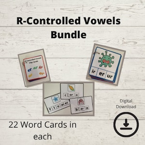 May include: A digital download bundle of 22 word cards for teaching R-controlled vowels. The cards feature colourful illustrations and the words "er", "ar", "ir", "ur", "or", "corn", "flower", "barn", and "ir", "er", "ur".