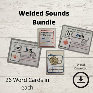 Könnte beinhalten: Ein Bundle mit Lernkarten für geschweißte Laute. Die Karten zeigen Wörter wie "swing" und "bank", mit Illustrationen und Platz zum Schreiben. Das Bundle enthält 26 Wortkarten in jedem Set, als digitaler Download verfügbar.