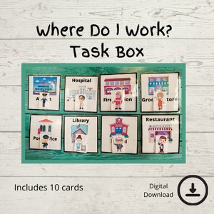 May include: A task box with the text "Where Do I Work?" and "Task Box." The box contains ten cards with illustrations of various workplaces, including a hospital, fire station, grocery store, library, and restaurant. The words "Includes 10 cards" are also visible.