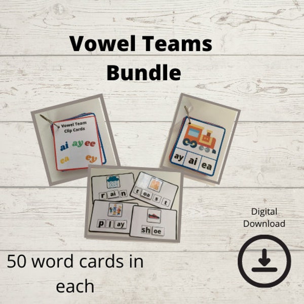 Homeschool Printables | Vowel Teams Bundle | Clip Cards | Word Building Kit | Kindergarten | First Grade | Second Grade | Phonics | Digital