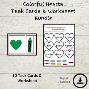 Pode incluir: Folha de trabalho e cartões de tarefas imprimíveis para crianças aprenderem as cores. A folha de trabalho apresenta um conjunto de corações para colorir, cada um etiquetado com uma palavra de cor. Os cartões de tarefas mostram um coração e um giz de cera, ambos da mesma cor.