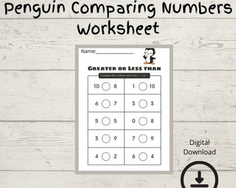 Penguin Themed Comparing Numbers Worksheet | Greater Than Less Than | Digital Download | Kindergarten | First Grade