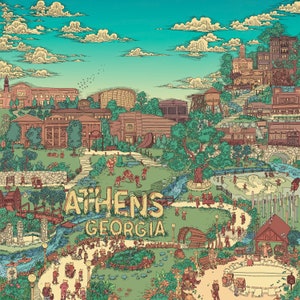 May include: A detailed cartoon illustration of Athens, Georgia, showing buildings, parks, and people. The artwork uses a green, brown, and blue colour scheme. The text "Athens Georgia" is displayed in the centre of the image.