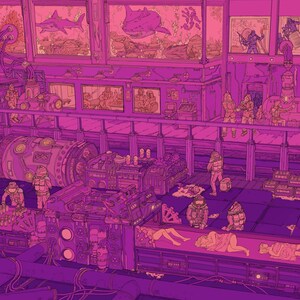 May include: A digital illustration depicting a futuristic, industrial setting rendered in a pink colour scheme. The scene features a large, cylindrical machine with pipes and wires, and several figures wearing spacesuits. There are also several windows showcasing underwater scenes, including sharks and fish.