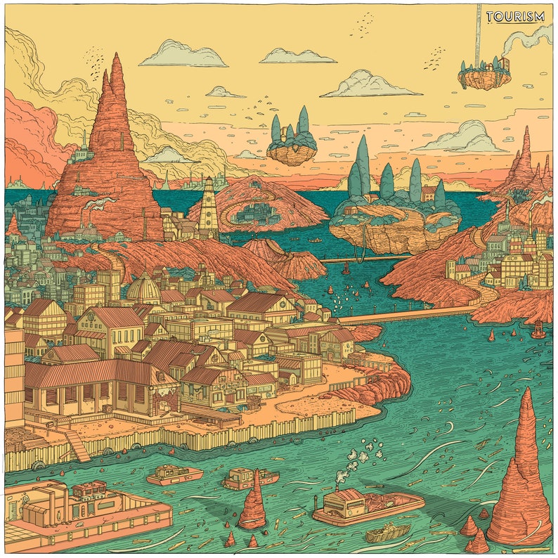May include: A colorful illustration of a fantasy city with a large red rock formation, a harbor, and a floating island with the word "TOURISM" in the upper right corner.