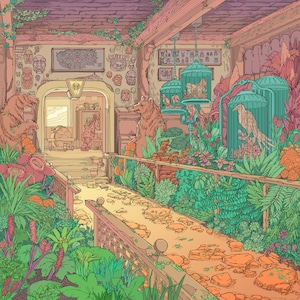 May include: A whimsical illustration of a room with a path leading through a lush garden. The room features a wooden ceiling, a stone wall, and a doorway. The garden is filled with plants, flowers, and cages with birds. The path is made of stone and leads to a doorway.
