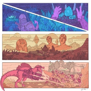 May include: A three-panel comic strip illustration depicting a futuristic scene with a large dinosaur, a group of people, and a giant head. The dinosaur is pink and has large cannons on its back. The people are in a battle scene with a group of elephants. The giant head is a light brown colour and has a third eye.