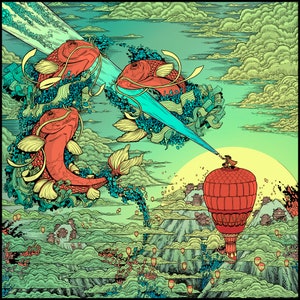 May include: A colorful illustration of three red fish swimming in a blue stream of water. The fish are surrounded by green and yellow flowers and leaves. A person in a red and white outfit is flying in a red hot air balloon above a landscape of green hills and mountains. The balloon is surrounded by small, yellow lanterns.