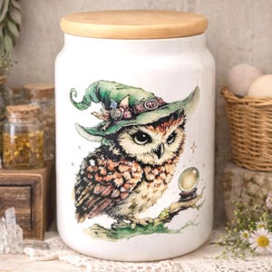Tarro de cerámica con forma de búho y tapa de bambú, decoración rústica para la cocina, regalo con temática de bosque, estilo boticario.
