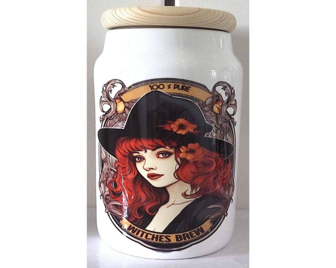 Witches Brew Storage Jar, Ceramic Kitchen Canister With Red Witch Art ...