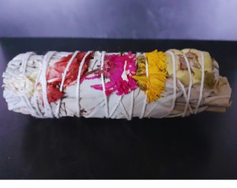 White Sage Smudge Stick With Flower Petals, Home Cleansing Kit, Spiritual Cleansing, Ritual Incense, Meditation Accessory, Negative Energy