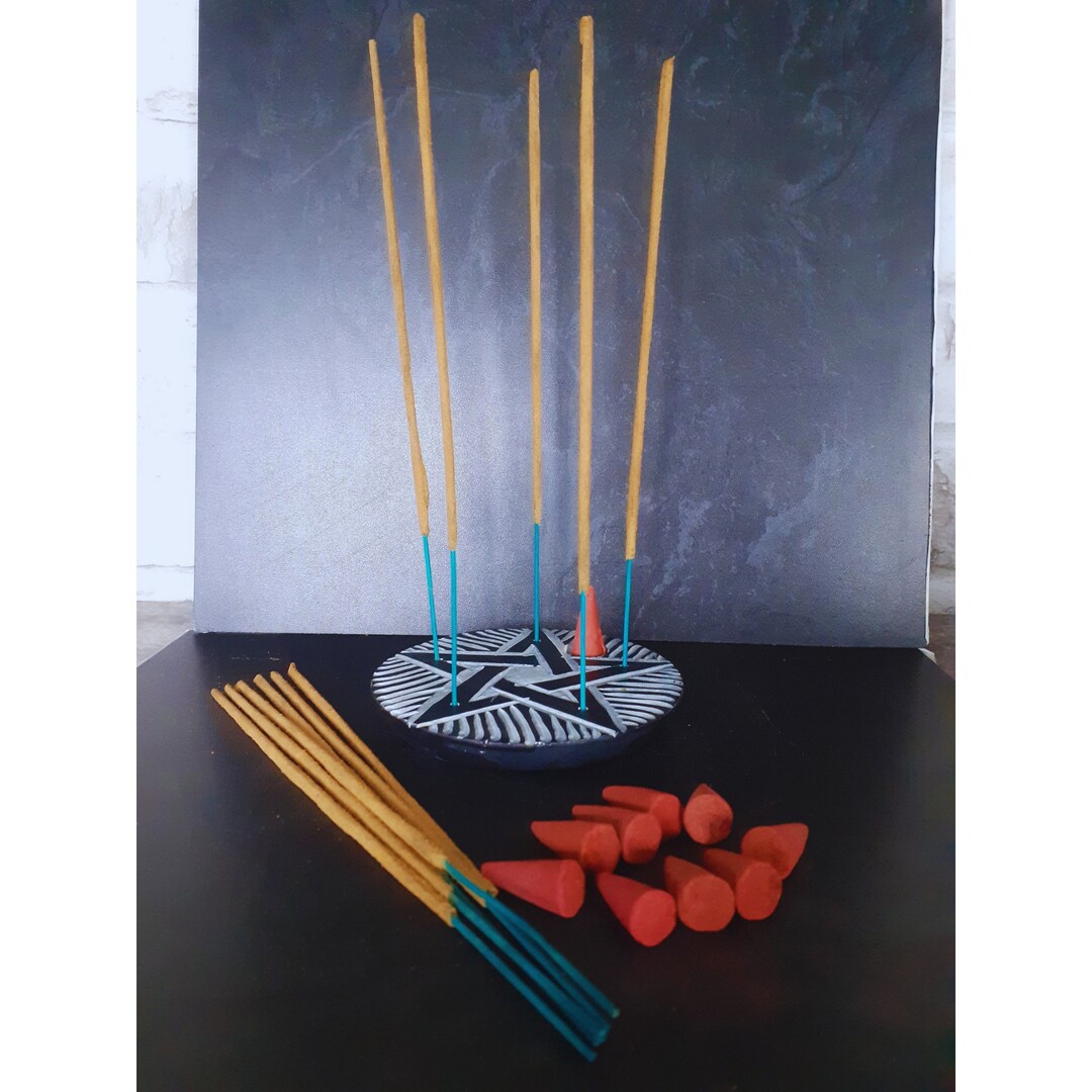 Black Soapstone Pentagram Incense Stick and Cone Holder, Altar