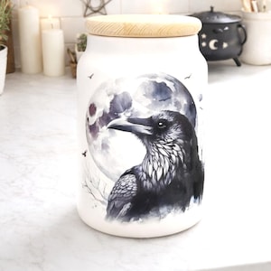 Gothic apotheker keramische voorraadpot - raaf met ontwerp met volle maan