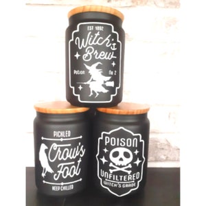 Gothic Witchy Storage Jars Set, Bamboo Lids, Tea Coffee Sugar Canisters, Gifts For Wiccans Pagans, Kitchen Decor, Housewarming Gift