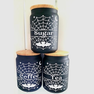 Spiderweb Tea Coffee Sugar Set | Gothic Kitchen Canisters | Witchy Storage Jars With Bamboo Lids | Spooky Homeware Gift Set