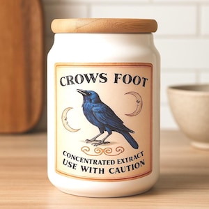 Tarro de boticario Crow's Foot – Bote de cocina gótico de cerámica blanca con tapa de bambú