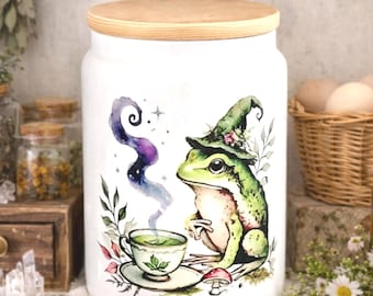 Frog Ceramic Storage Jar – Cottagecore Woodland Kitchen Canister with Bamboo Lid