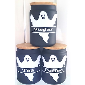 Ghost Tea Coffee Sugar Jars Set | Gothic Kitchen Storage Canisters | Witchy Homeware | Spooky Gothic Gift
