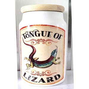 Apothecary Jar, Tongue of Lizard, Gothic Witch Kitchen Storage, 14.7 x 9.6 cm