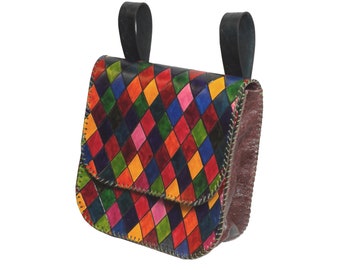 Square Leather Belt Pouch Purse Bag Hand Made LARP Rainbow Harlequin