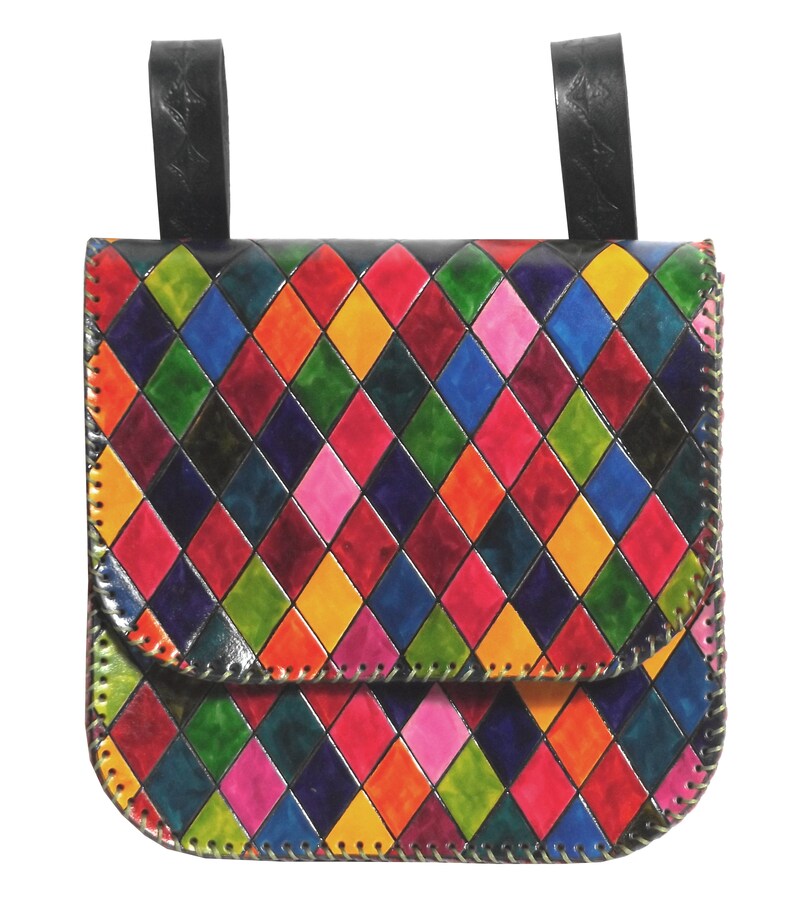 Square Leather Belt Pouch Purse Bag Hand Made LARP Rainbow Harlequin