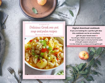 Digital Cookbook 'Delicious Greek one-pot soup and pulse recipes', Instant Download Fillable PDF recipe E-book,Personalised gift cookbook
